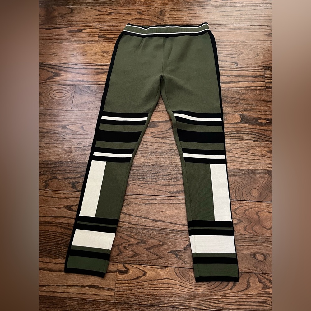 NWOT RONNY KOBO Striped Olive Green, Cream, And Black Knit Pants. Size M